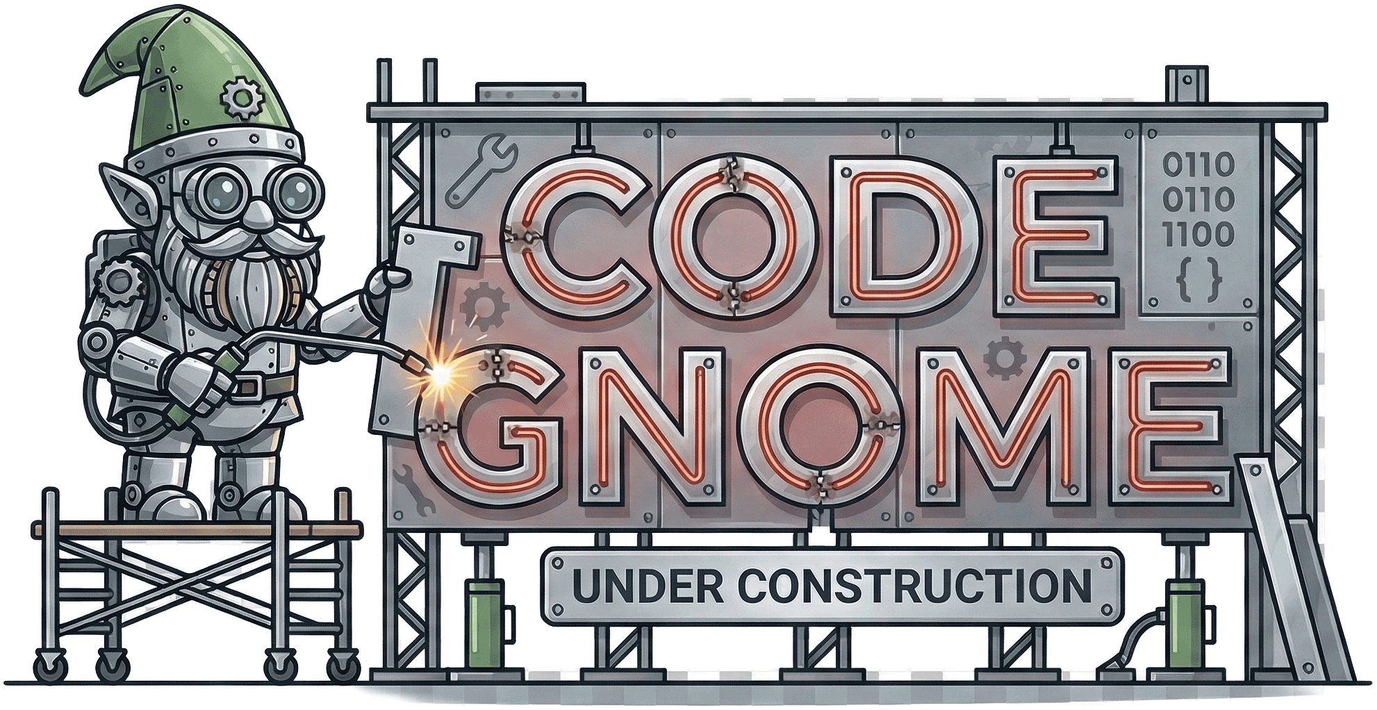 The Code Gnome, a robot gnome welding a billboard that reads 'Under Construction' — GameGrid's builder mascot